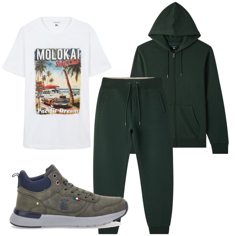 Outfit uomo - Pacific dream. Stile Casual per Tutti i giorni. Abbinamento con t-shirt, pantaloni, felpe con cappuccio, stivali e stivaletti.