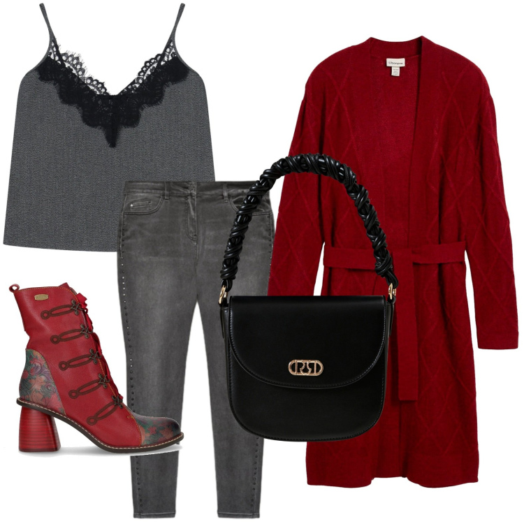 Outfit donna - Abbinamento wine and grey. Stile Casual per Tutti i giorni. Abbinamento con cardigans, borse a mano, top, stivaletti, jeans skinny.