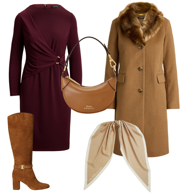 Outfit donna - Sfumature di caramello. Stile Casual per Tutti i giorni. Abbinamento con portafogli, foulard, cappotti, stivali, vestiti.