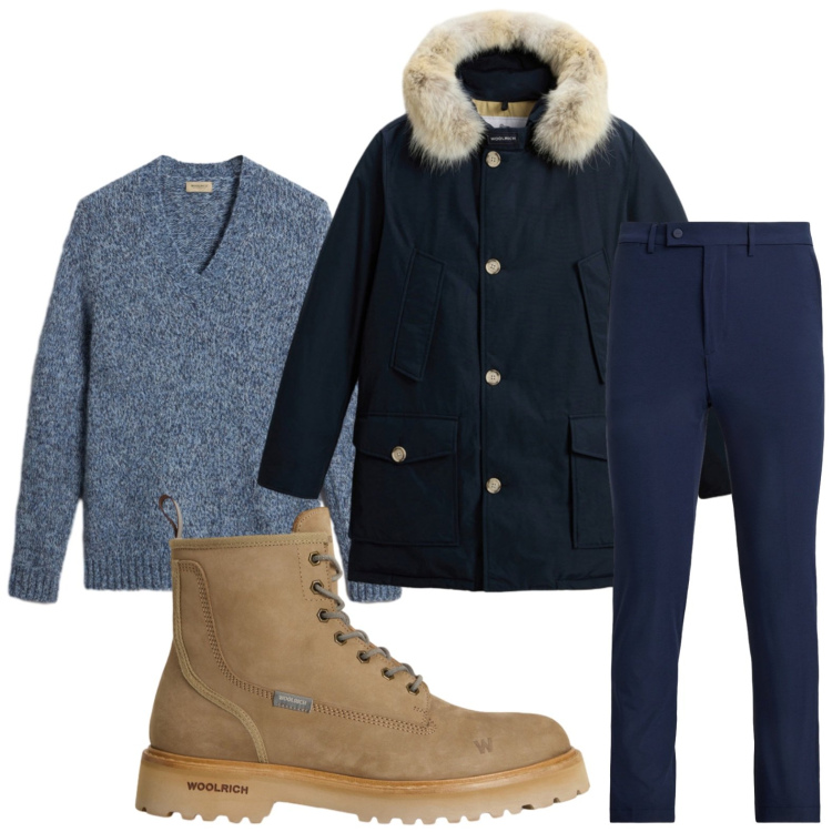 Outfit uomo - Composizione blu navy. Stile Trendy per Ufficio. Abbinamento con anfibi, pullovers, parka, pantaloni.