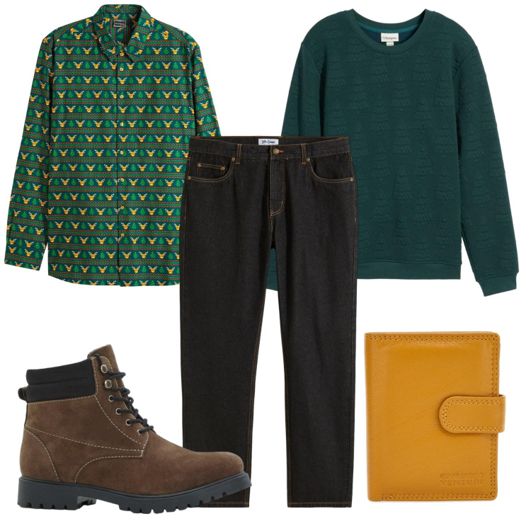 Outfit uomo - Già Natale. Stile Trendy per Tutti i giorni. Abbinamento con camicie, jeans dritti, felpe, stivali e stivaletti, portafogli.