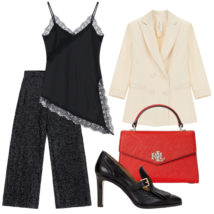 Outfit donna - Ultima tendenza. Stile Chic per Serata fuori. Abbinamento con blazer, top, pantaloni a palazzo, décolleté, borse a mano.