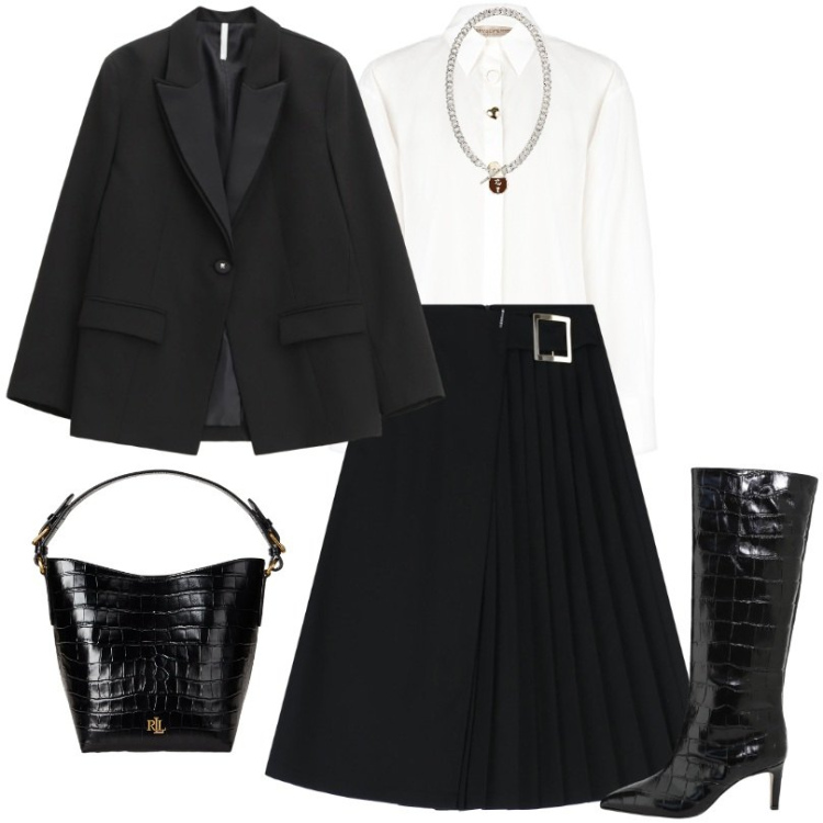 Outfit donna - Look geek chic, gonna a pieghe e stivale. Stile Chic per Tutti i giorni. Abbinamento con camicie, blazer, gonne longuette, stivali, ciondoli, borse a secchiello.