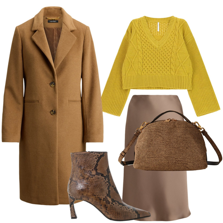 Outfit donna - Il fascino del cappotto. Stile Chic per Serata fuori. Abbinamento con maglieria, stivaletti, gonne, cappotti, borse a mano.