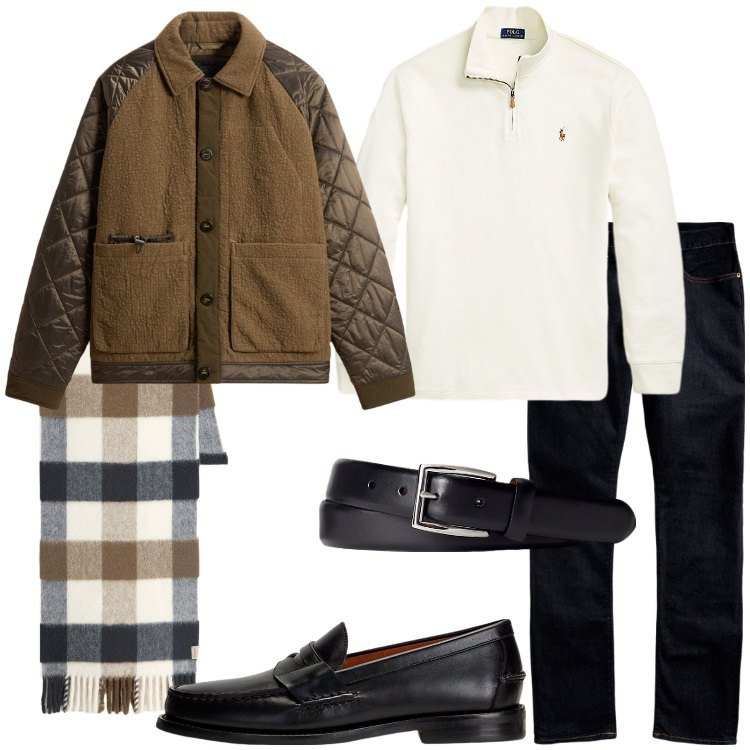 Outfit uomo - Smart casual in ufficio. Stile Casual per Ufficio. Abbinamento con sciarpe, giacche, jeans, scarpe stringate, cinture, pullovers.