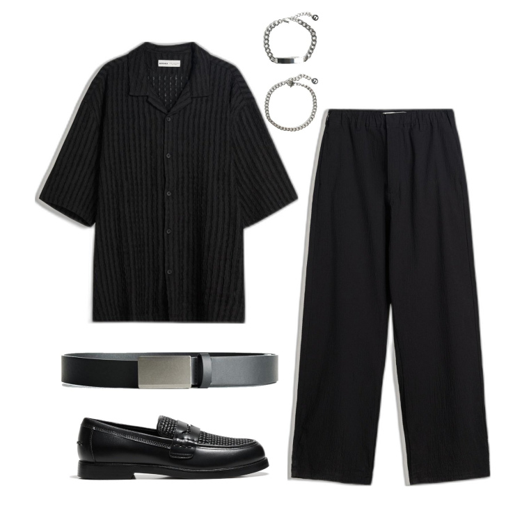 Outfit hombre - Todo de negro. Estilo Business/Elegante para Noche especial. Combinación con pantalones, pulseras, cinturones, camisas de manga corta, zapatos con cordones.