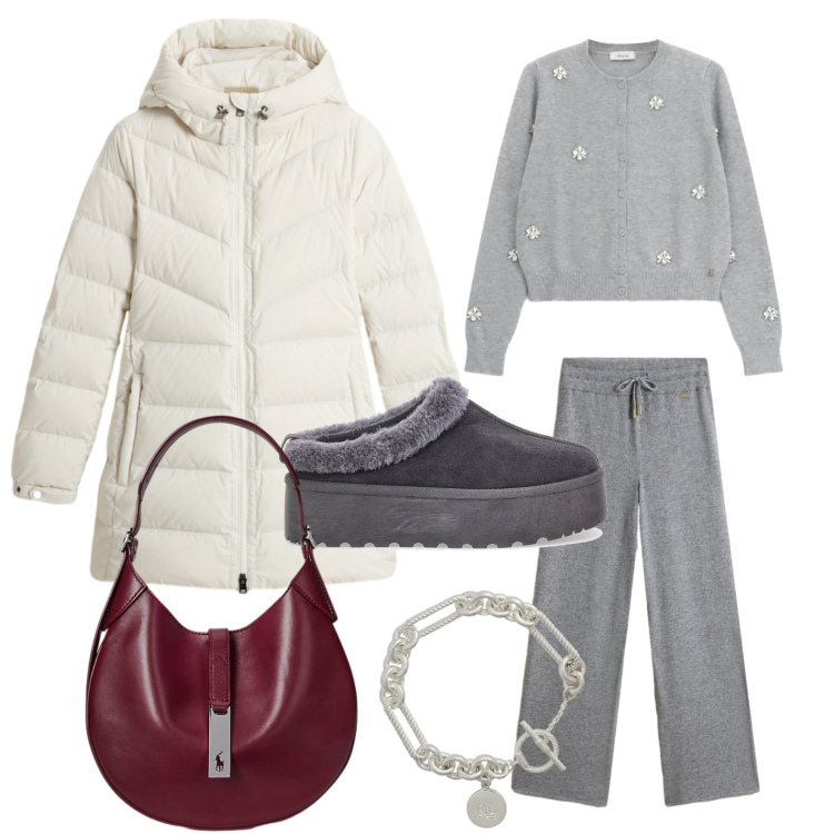Outfit donna - Il maxi bracciale. Stile Glamour per Tutti i giorni. Abbinamento con cardigans, pantaloni, piumini, braccialetti, borse a spalla, pantofole.