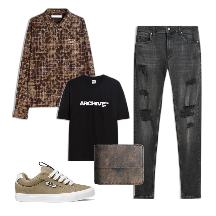 Outfit hombre - Cartera nueva. Estilo Casual para Todos los días. Combinación con sneakers, vaqueros rotos, camiseta, carteras, camisas.