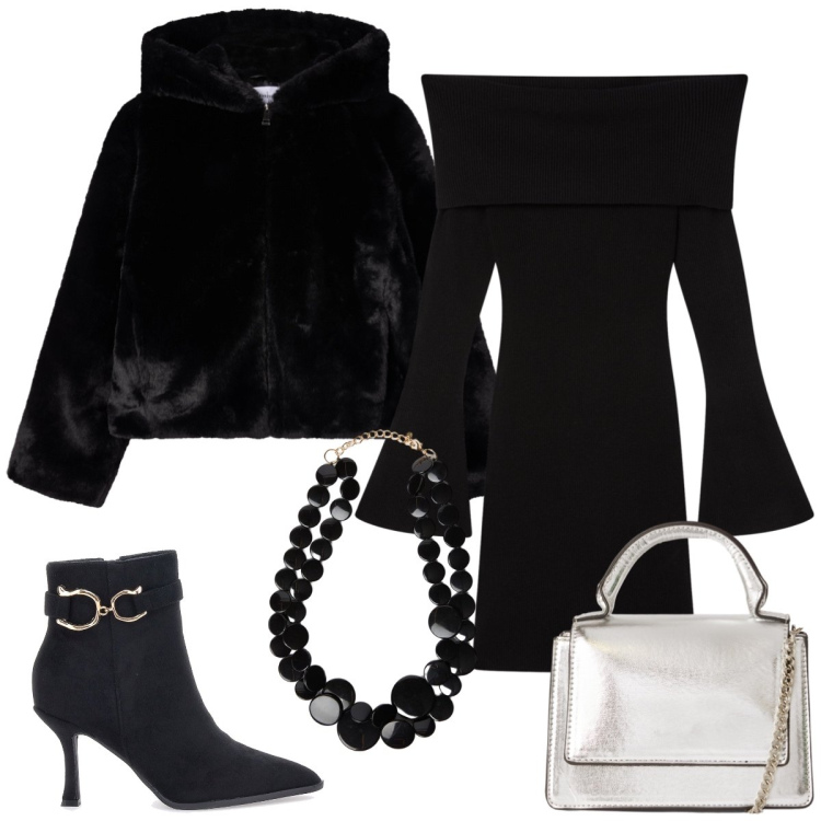 Outfit donna - Total look #2277574. Stile Casual chic per Serata fuori. Abbinamento con borse a tracolla, vestiti corti, ecopellicce, stivaletti, collane.