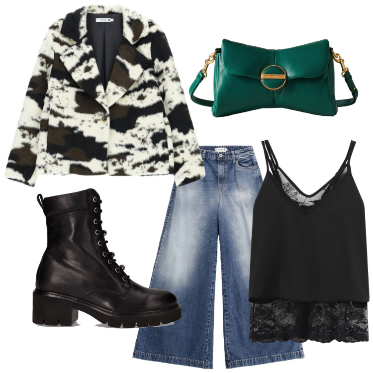 Outfit donna - Al passo coi tempi. Stile Glamour per Serata fuori. Abbinamento con jeans, blazer, top, pochette, anfibi.