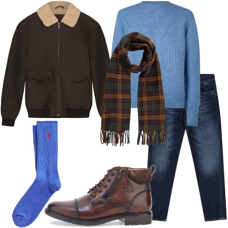 Outfit uomo - Casual con stile. Stile Casual per Tutti i giorni. Abbinamento con jeans dritti, calzini, bomber, scarpe stringate, maglieria, sciarpe.
