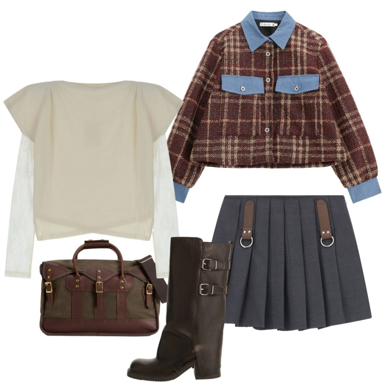 Outfit donna - Lavoro comodo. Stile Boho per Scuola/Università. Abbinamento con blazer, minigonne, t-shirt, stivali, borse a tracolla.