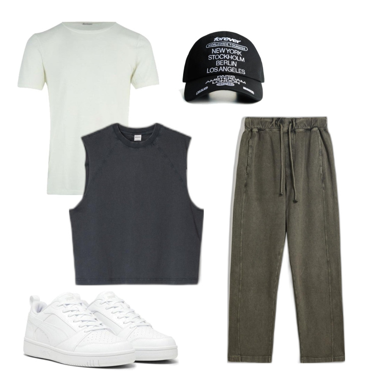 Outfit hombre - Penalti a favor. Estilo Urban para Todos los días. Combinación con camiseta, sneakers, pantalones, sombreros, camisetas sin mangas.