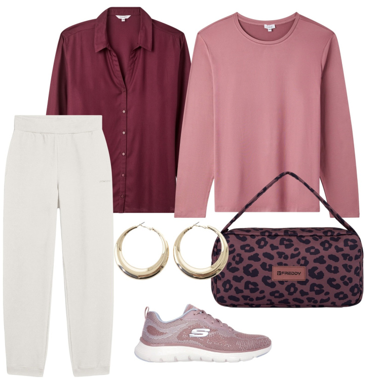 Outfit donna - Passeggiata. per Tutti i giorni. Abbinamento con camicie, t-shirt, orecchini, pantaloni, borse a spalla, sneakers.