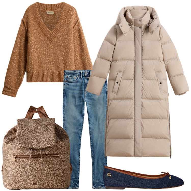 Outfit donna - Guardaroba minimalista. Stile Trendy per Scuola/Università. Abbinamento con parka, maglieria, jeans, ballerine, zaini.