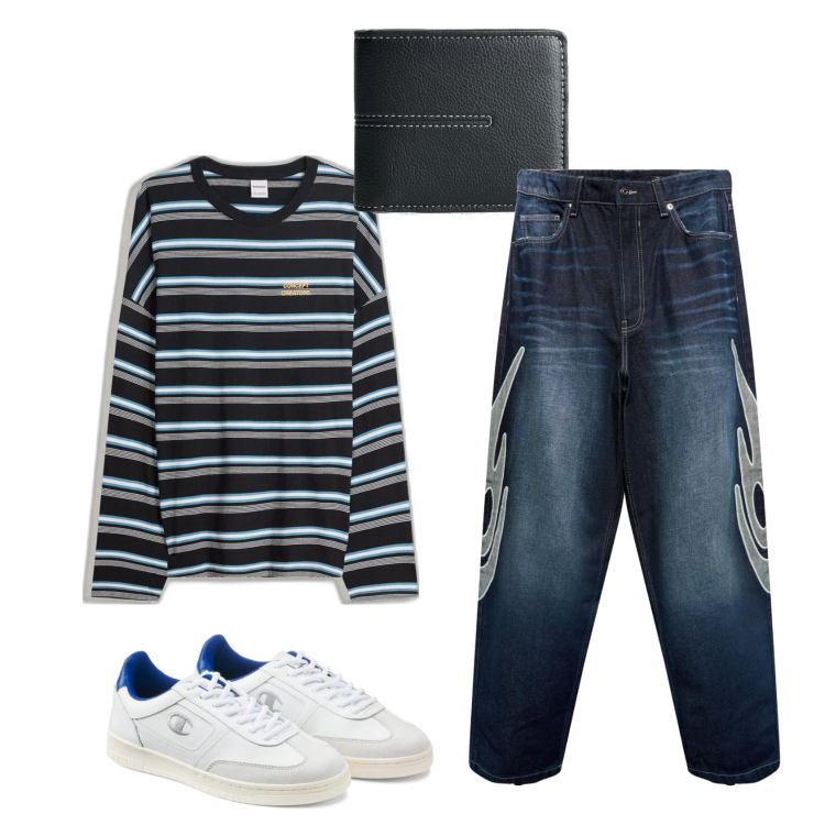 Outfit hombre - Azules marinos. Estilo Urban para Todos los días. Combinación con sneakers, carteras, camiseta, vaqueros.