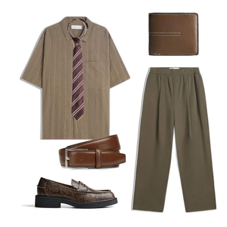 Outfit hombre - Tonos tierra. Estilo Business/Elegante para Noche especial. Combinación con cinturones, pantalones, corbatas, carteras, camisas de manga corta, zapatos con cordones.