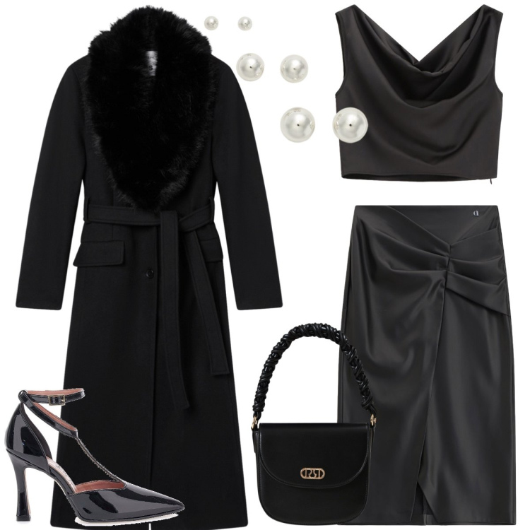 Outfit donna - Total look #2277585. Stile Chic per Serata fuori. Abbinamento con cappotti, borse a mano, top, gonne longuette, orecchini, décolleté.
