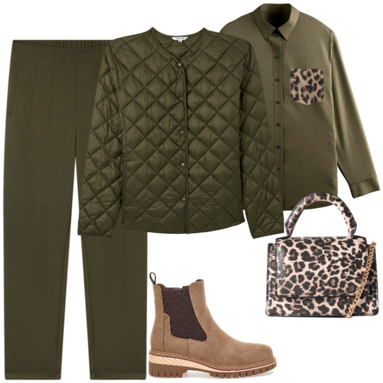 Outfit donna - verde militare con dettagli animalier. Stile Casual per Tutti i giorni. Abbinamento con camicie, borse a tracolla, pantaloni chino, piumini, stivaletti chelsea.