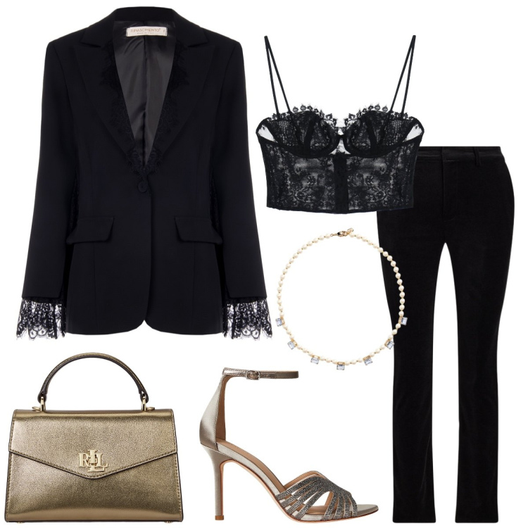 Outfit donna - Total look #2277587. Stile Chic per Serata fuori. Abbinamento con blazer, top, collane, sandali gioiello, borse a mano, pantaloni.