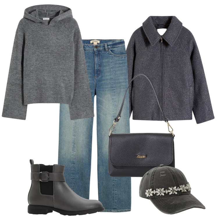 Outfit donna - Comfy urbano. Stile Urban per Tutti i giorni. Abbinamento con blazer, jeans dritti, stivaletti chelsea, maglieria, borse a tracolla, cappelli.