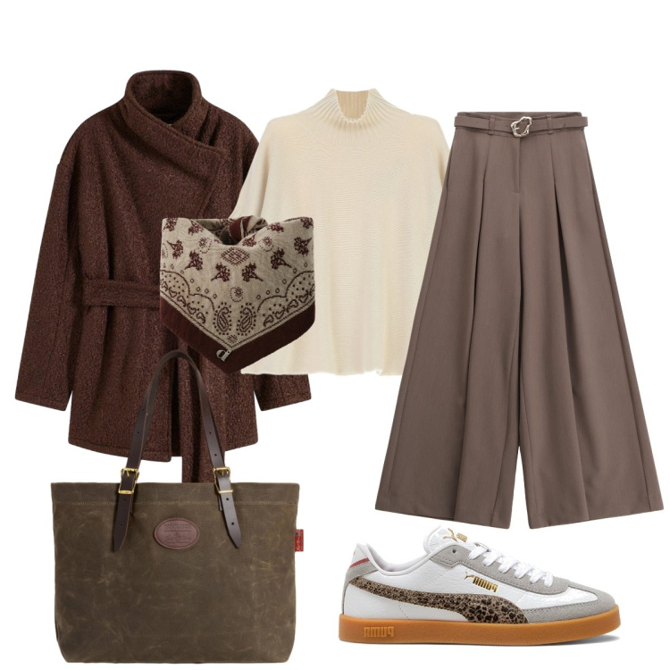 Outfit donna - In città. Stile Casual chic per Ufficio. Abbinamento con blazer, pantaloni, maglieria, foulard, borse tote, sneakers.