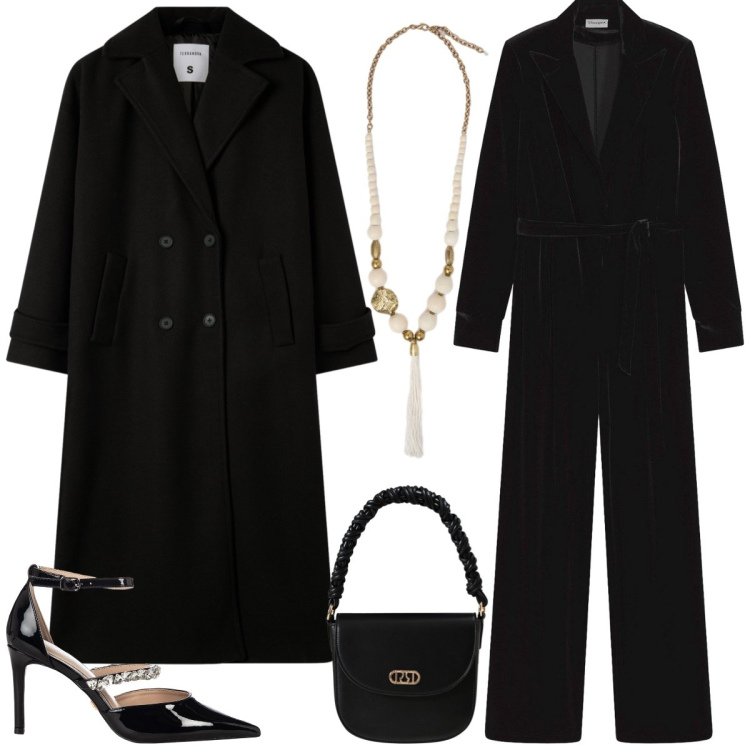 Outfit donna - Total look #2277601. Stile Chic per Serata fuori. Abbinamento con tute, cappotti, borse a mano, décolleté, ciondoli.