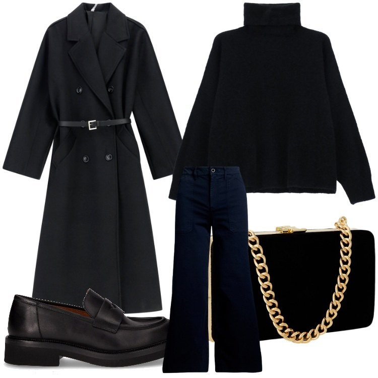 Outfit donna - Nero professional. Stile Chic per Serata fuori. Abbinamento con cappotti, maglieria, clutch, pantaloni, mocassini.