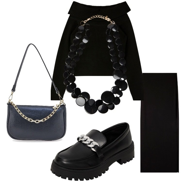 Outfit donna - Serata black. Stile Chic per Serata fuori. Abbinamento con mocassini, maglieria, gonne lunghe, borse a tracolla, collane.