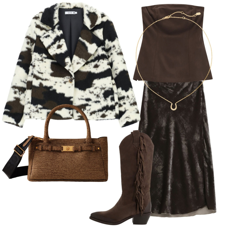 Outfit donna - Venerdì sera. Stile Etnico per Serata fuori. Abbinamento con blazer, top, stivali, gonne lunghe, ciondoli, borse a mano.