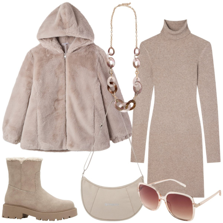 Outfit donna - Total look #2277609. Stile Casual per Tutti i giorni. Abbinamento con occhiali da sole, stivaletti, vestiti corti, ecopellicce, borse a spalla, collane.