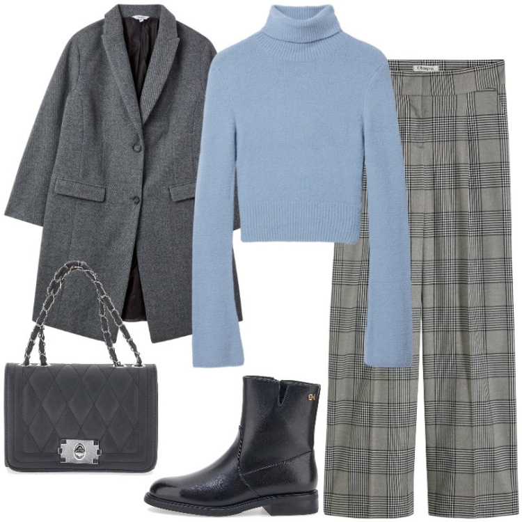 Outfit donna - dolcevita Celeste mille occasioni. Stile Casual per Tutti i giorni. Abbinamento con pantaloni, maglieria, cappotti, stivaletti, borse a tracolla.