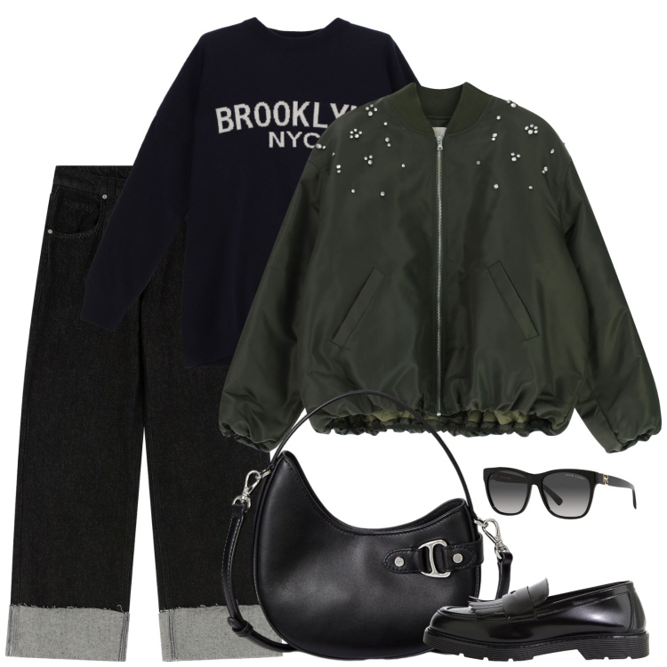 Outfit donna - Nero. Stile Mannish per Scuola/Università. Abbinamento con mocassini, jeans, bomber, maglieria, occhiali da sole, borse a tracolla.