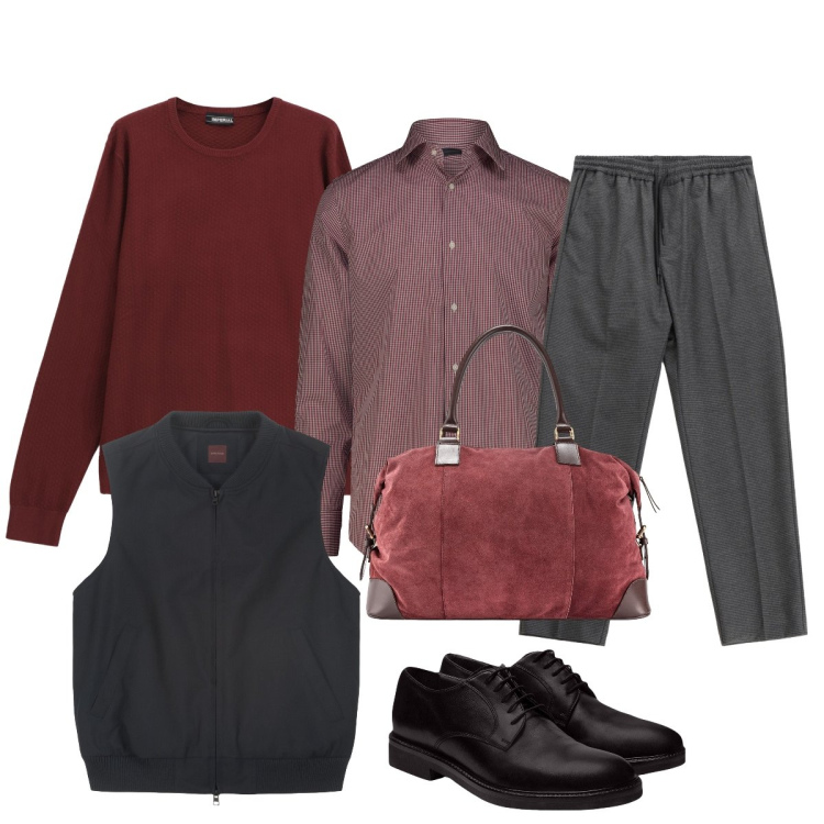 Outfit uomo - In trasferta per lavoro. Stile Trendy per Ufficio. Abbinamento con pantaloni, maglieria, scarpe stringate, camicie, borse sportive, giacche.