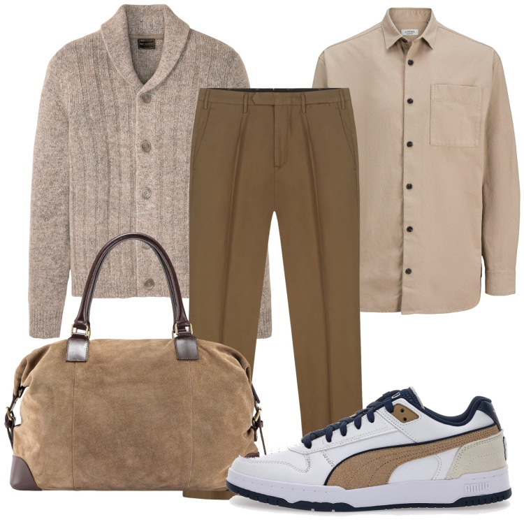 Outfit uomo - In viaggio. Stile Casual per Tutti i giorni. Abbinamento con camicie, cardigans, sneakers, borse sportive, pantaloni.