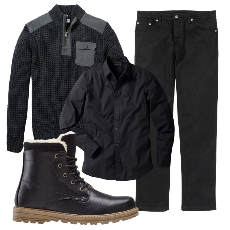 Outfit uomo - Black. Stile Casual per Tutti i giorni. Abbinamento con camicie, maglieria, stivali e stivaletti, pantaloni.