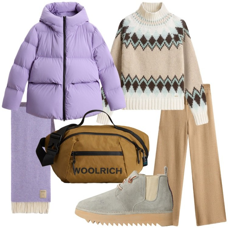 Outfit donna - Weekend in montagna. Stile Casual per Tutti i giorni. Abbinamento con stivaletti, borse a tracolla, maglieria, pantaloni, sciarpe, piumini.
