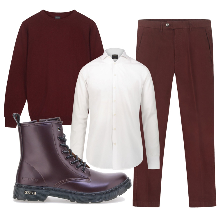 Outfit uomo - Foglie viola. Stile Casual per Tutti i giorni. Abbinamento con camicie, anfibi, maglieria, pantaloni chino.