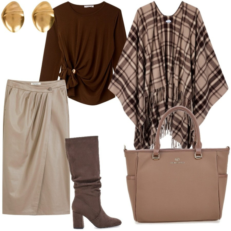 Outfit donna - Tempo di shopping. Stile Glamour per Serata fuori. Abbinamento con gonne longuette, cappotti, bluse, borse a tracolla, orecchini, stivali sopra il ginocchio.