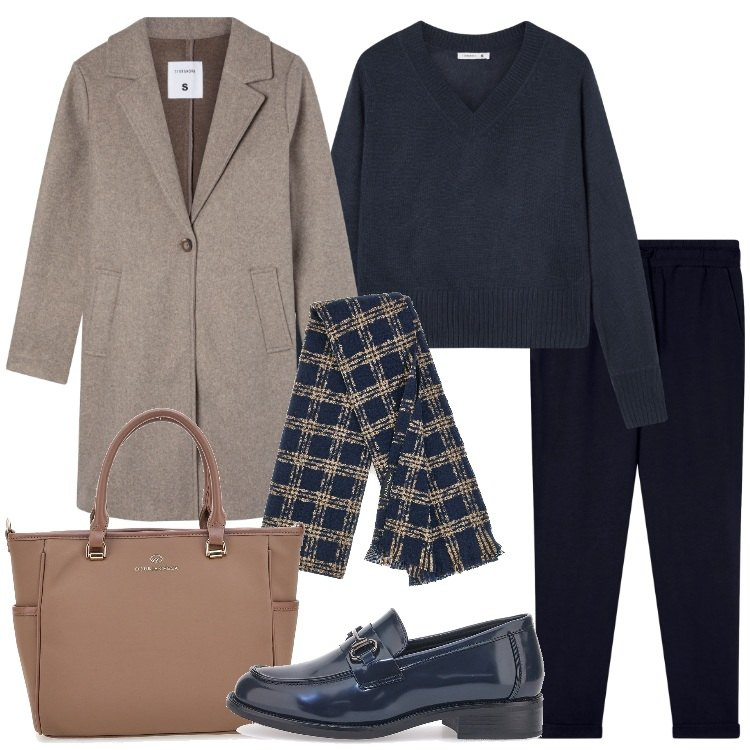 Outfit donna - Minimal in ufficio. Stile Minimal per Ufficio. Abbinamento con pantaloni, cappotti, maglieria, mocassini, sciarpe, borse a tracolla.