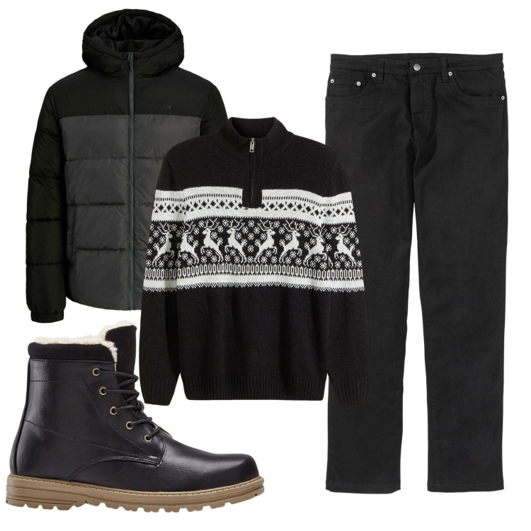 Outfit uomo - Montagne nere. Stile Casual per Tutti i giorni. Abbinamento con stivali e stivaletti, pantaloni, maglieria, piumini.