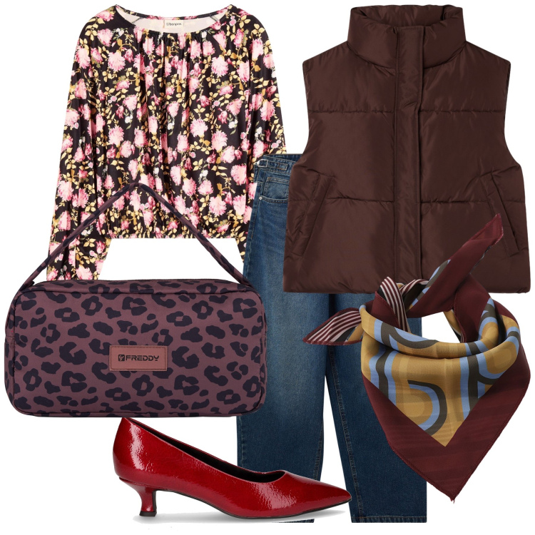 Outfit donna - Sabato sera da amici a casa loro. Stile Urban per Serata fuori. Abbinamento con bluse, jeans, piumini, foulard, borse a spalla, décolleté.