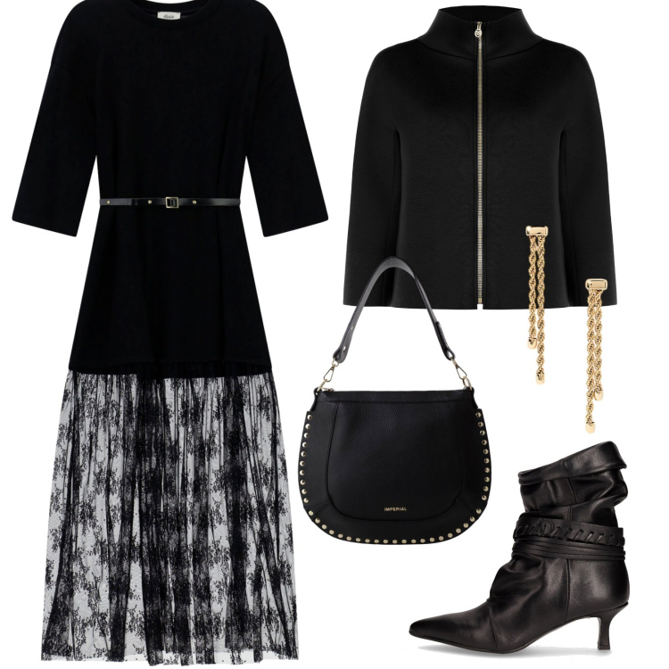 Outfit donna - Total look #2277631. Stile Chic per Serata fuori. Abbinamento con cappe, borse a spalla, vestiti lunghi, orecchini, stivaletti.