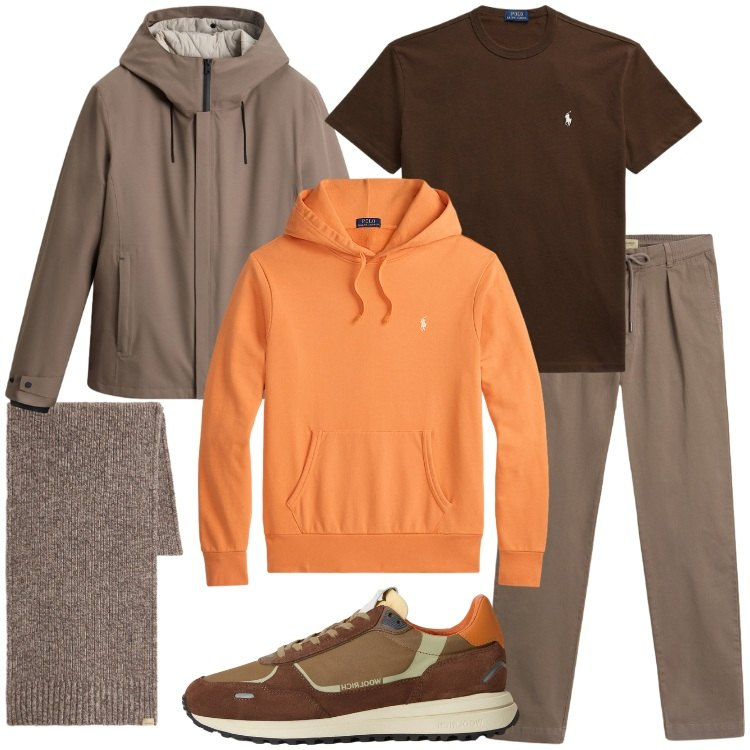 Outfit uomo - Marrone e un tocco di arancio. Stile Casual per Tutti i giorni. Abbinamento con sneakers, pantaloni, sciarpe, giacche, felpe con cappuccio, t-shirt.
