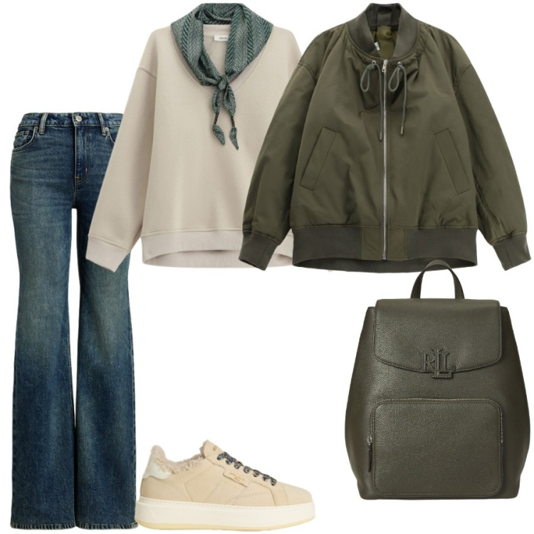 Outfit donna - La felpa con foulard. Stile Casual per Scuola/Università. Abbinamento con bomber, felpe, sneakers, jeans, zaini.