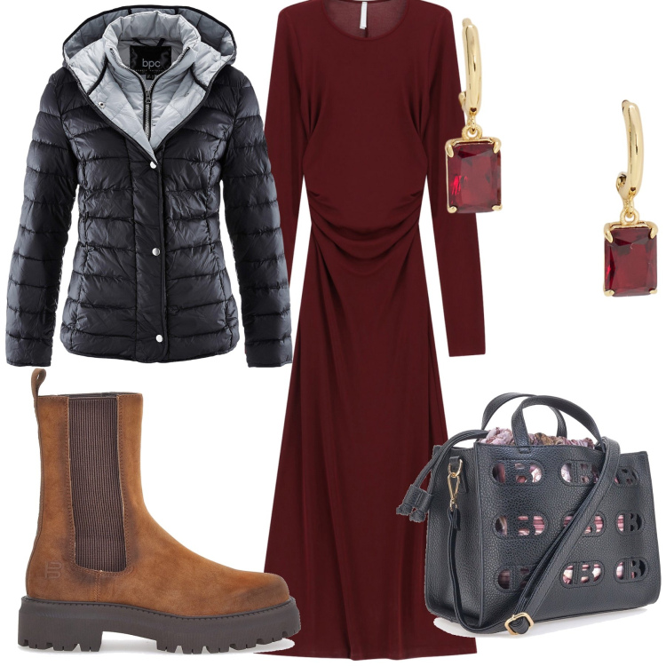 Outfit donna - Un abito per tanti impegni. Stile Urban per Tutti i giorni. Abbinamento con piumini, vestiti lunghi, orecchini, stivaletti chelsea, borse a mano.