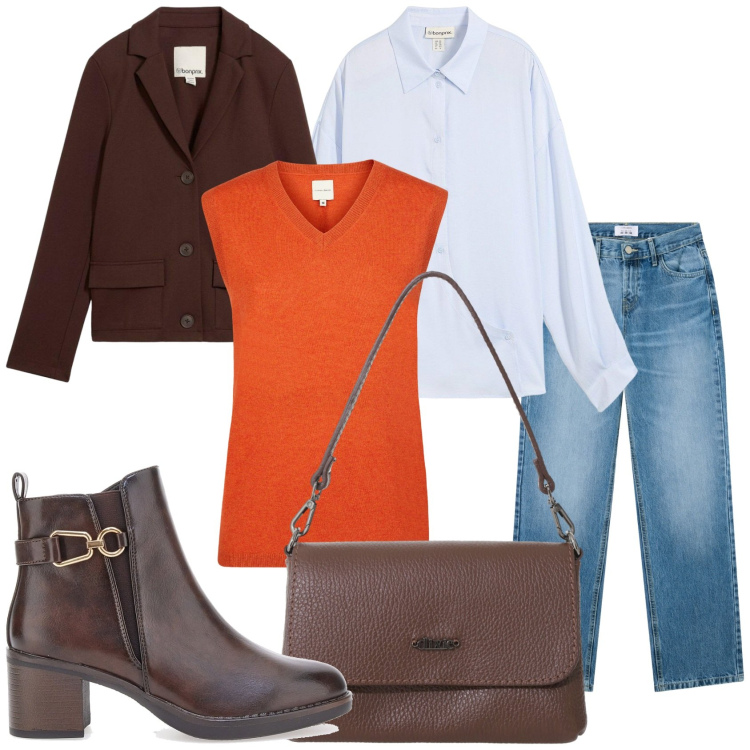 Outfit donna - Total look casual. Stile Casual per Tutti i giorni. Abbinamento con camicie, blazer, jeans dritti, borse a tracolla, stivaletti, maglieria.