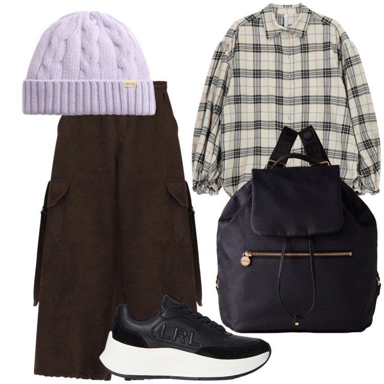 Outfit donna - Lilla ravvivante. Stile Casual per Tutti i giorni. Abbinamento con camicie, pantaloni a palazzo, berretti, sneakers, zaini.