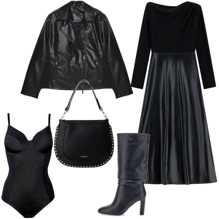 Outfit donna - L\'ecopelle si rivela morbida al tatto. Stile Rock per Serata fuori. Abbinamento con body, vestiti lunghi, borse a spalla, stivali, giacche.