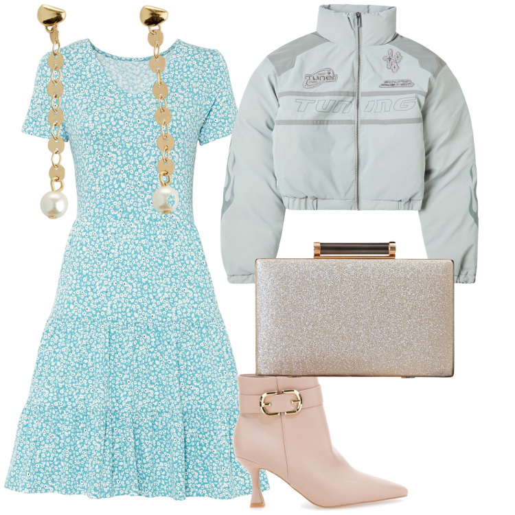 Outfit donna - Cerimonia in piumino. Stile Bon Ton per Cerimonia. Abbinamento con vestiti, orecchini, blazer, clutch, stivaletti.